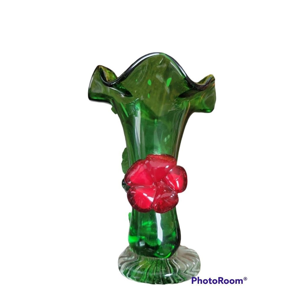 BEAUTIFUL GREEN ART GLASS VASE WITH RED FLOWER APPLIED 5" X 4"